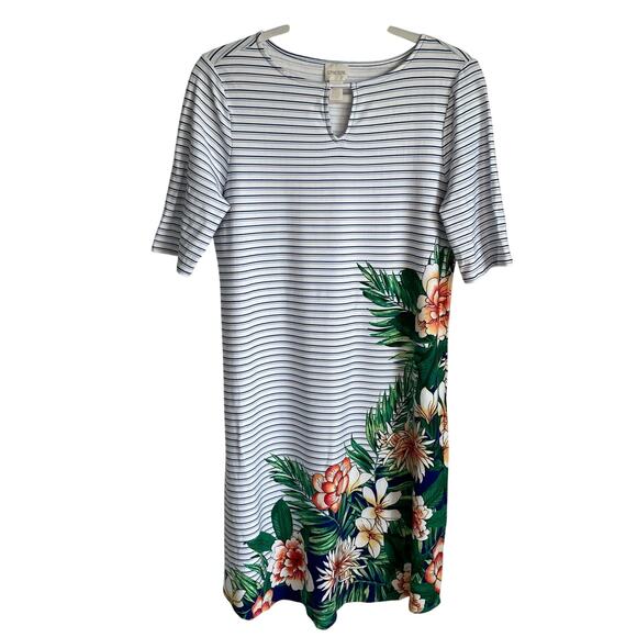 Chico’s Keyhole Striped Paradise Palm Dress Sz S Short Sleeves Stretch Tropical - Picture 1 of 9